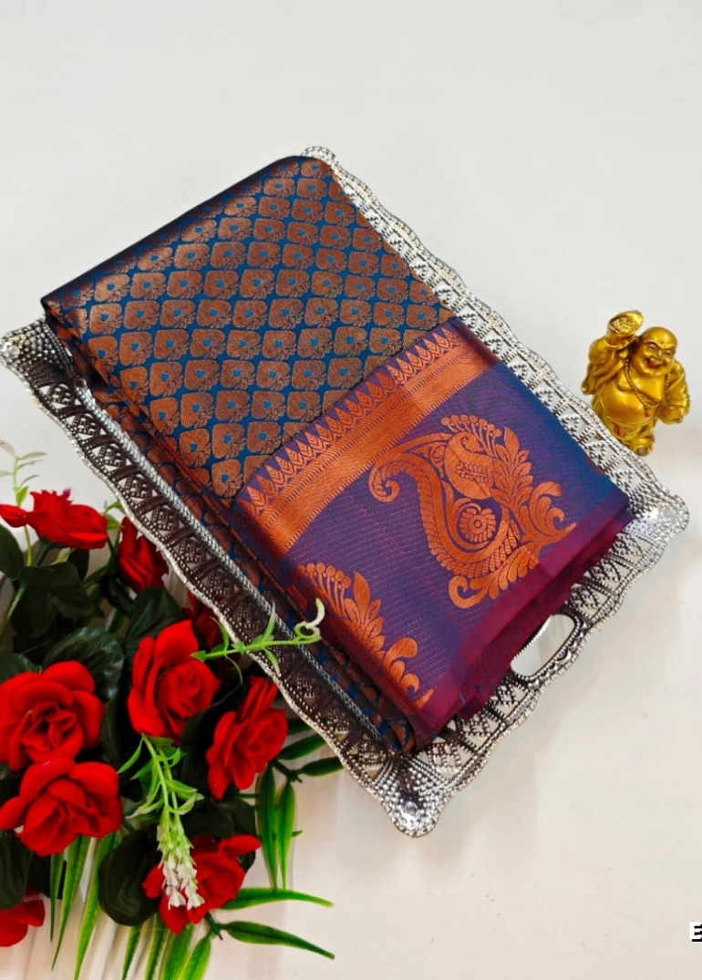 Bridal silk gold silvar and copper zari weave and wedding art silk sarees - peackok blue